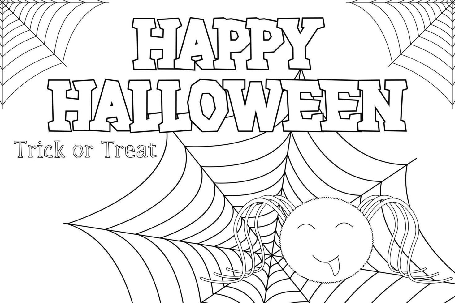 Fun Halloween coloring page featuring a smiling spider in a web. Perfect activity for kids to enjoy during the spooky season. vector