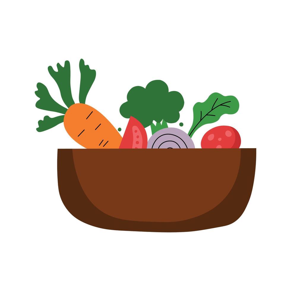 Illustration of wooden bowl filled with fresh vegetables simple doodle style vector