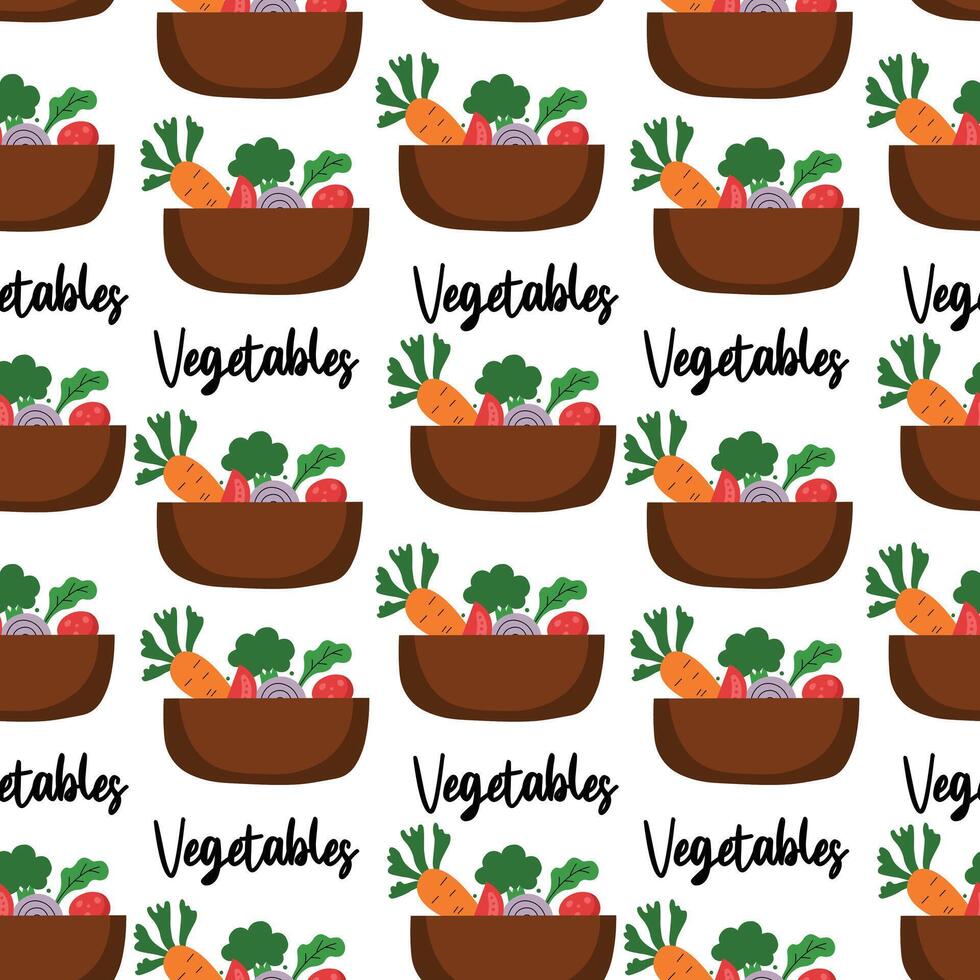 Seamless doodle pattern with colorful vegetables in bowl. vector