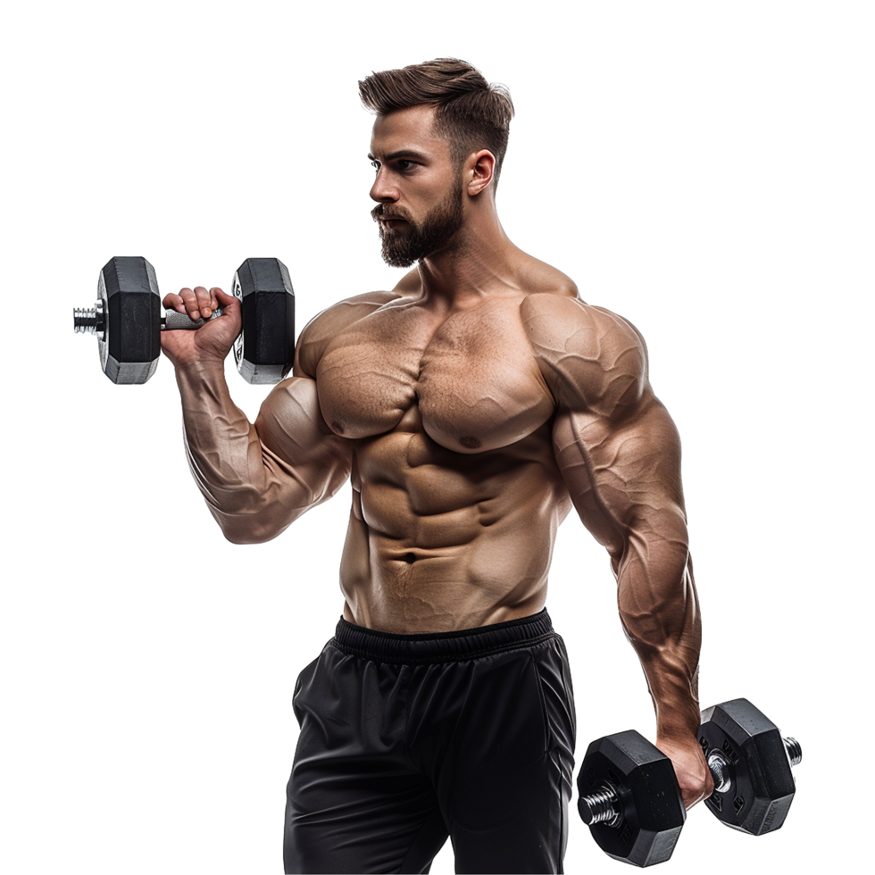 A man with a beard and muscles is lifting weights png