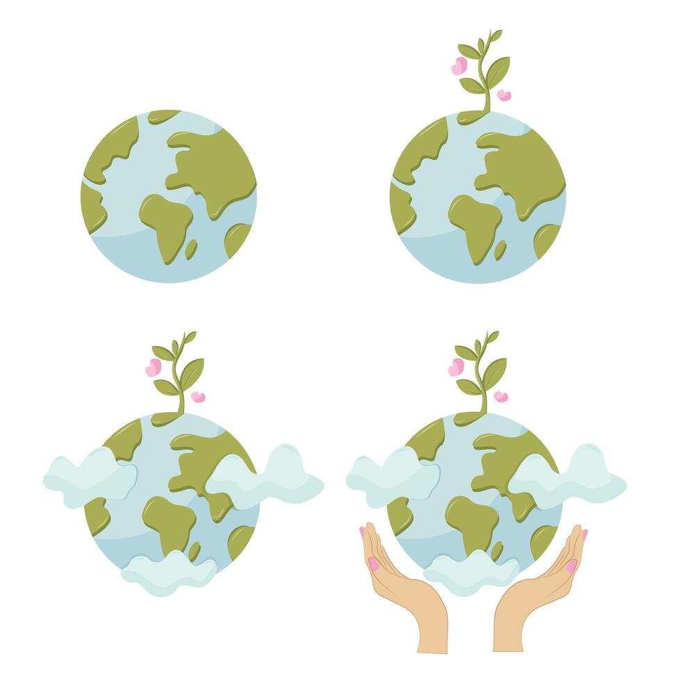 earth set. Earth day collection with planets.Ecological concept.Earth with a green flower and a heart. Isolated illustration for card, postcard, cover. EPS 10 vector