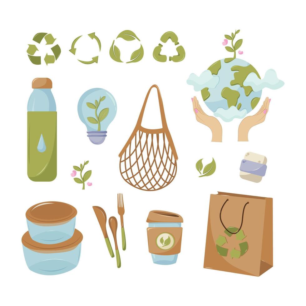 Zero waste concept illustration with different elements. Save the earth, zero waste, no plastic, go green, alternative energy, eco concept. Isolated illustration for card, postcard, cover. EPS 10 vector