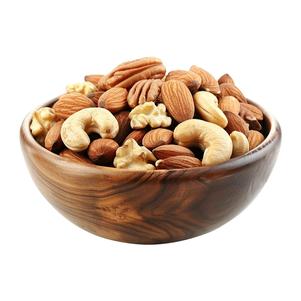 A wooden bowl filled with nuts and walnuts png