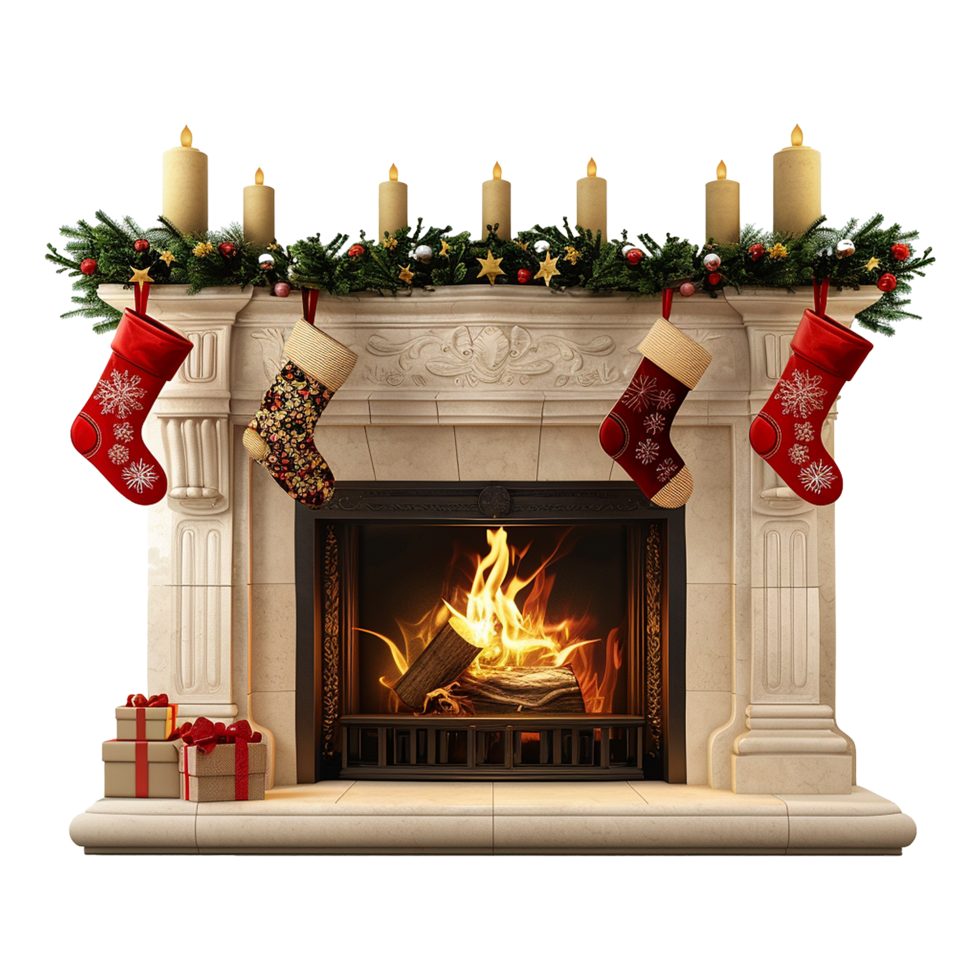 A fireplace with stockings and christmas decorations png
