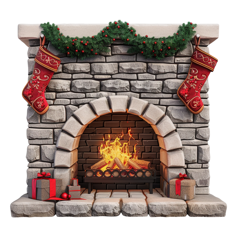 A fireplace with stockings and christmas decorations png
