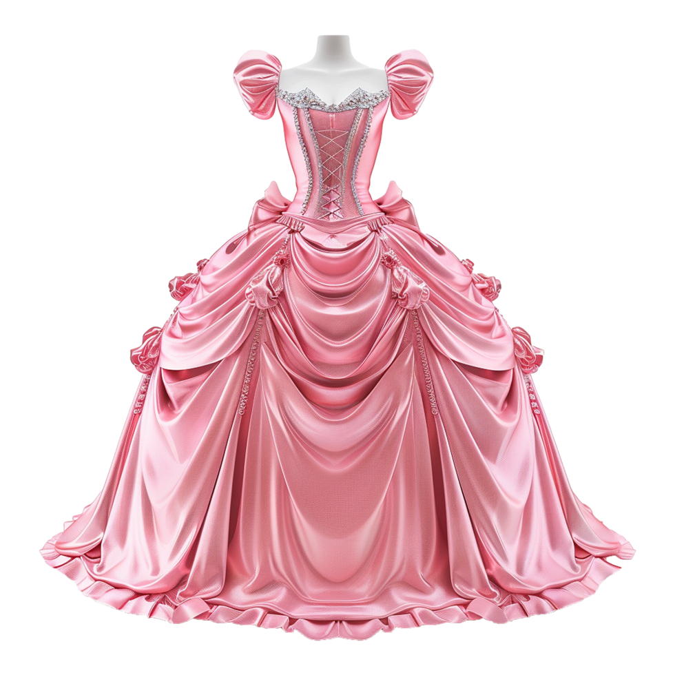 A pink ball gown with a large bow png
