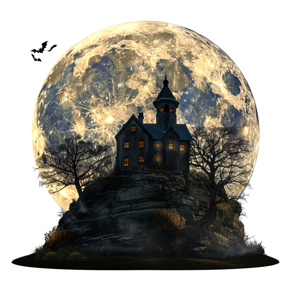 A haunted house in the moonlight with a full moon png