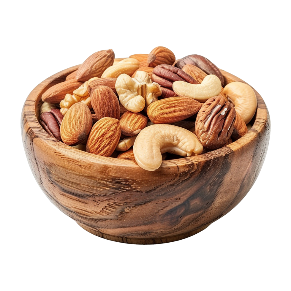 A wooden bowl filled with mixed nuts png