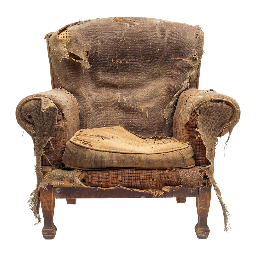 A chair with a torn up seat and a broken back png
