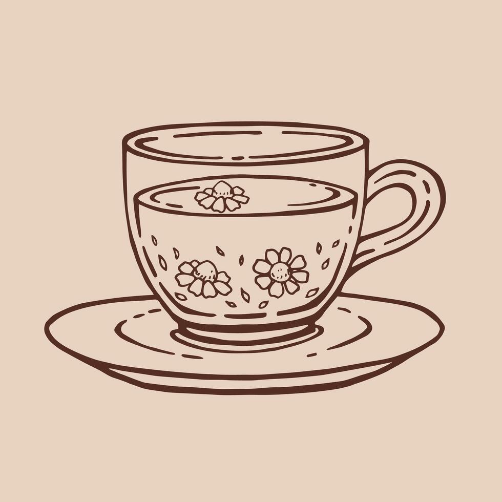 Cup of tea with chamomile. Hand drawn illustration in outline style. vector