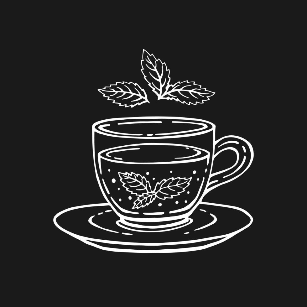 Glass cup tea, mint leaves. Hand drawn illustration in outline style. vector