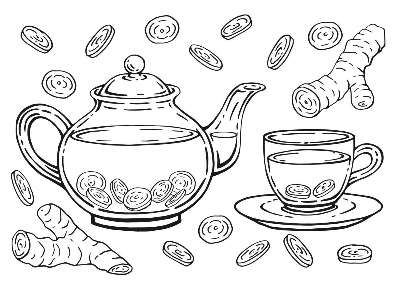 Hand drawn teapot, cup, ginger. illustration in outline style. vector