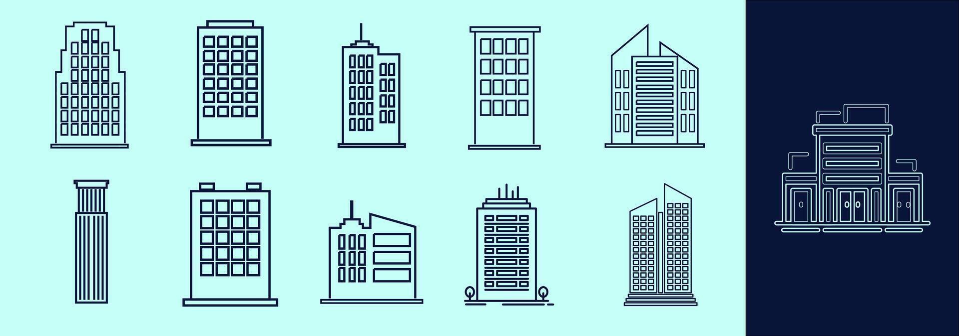 Buildings LINE icon set for presentatios. Silhouettes of flats, offices, commercial, residential and many more. Editable outline, size and color. vector