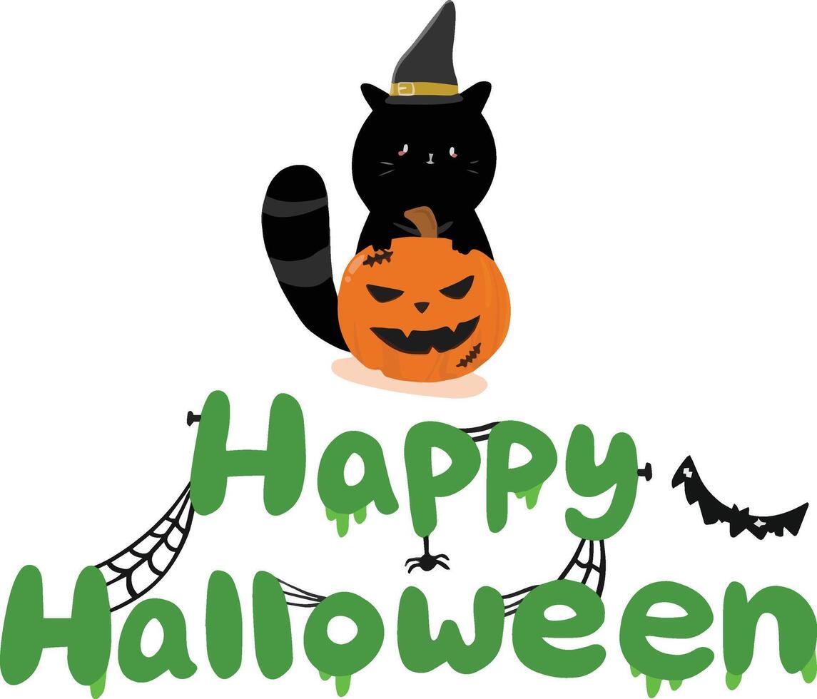 Happy halloween text banner design with cat. Halloween party decor vector