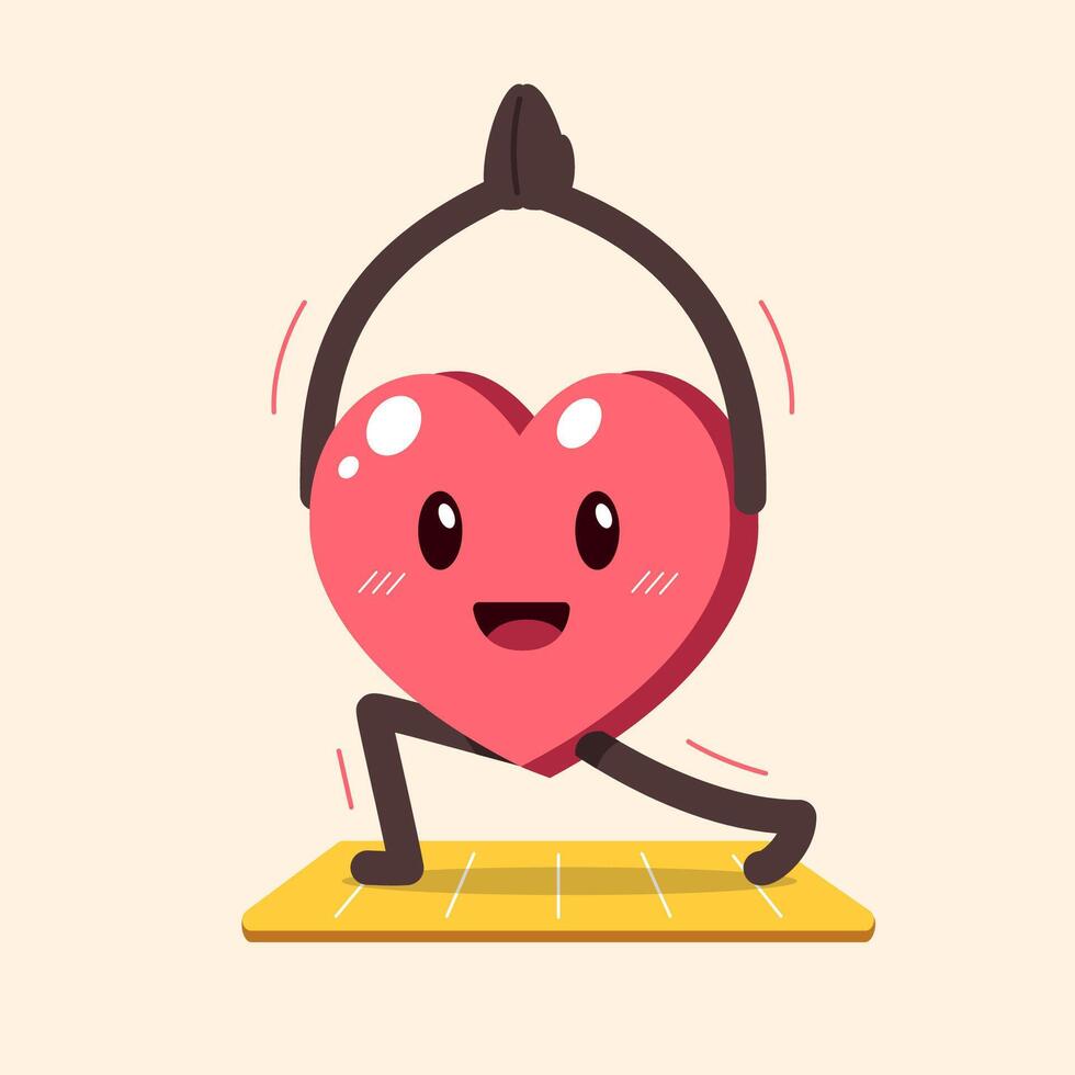Cartoon heart character doing yoga on exercise mat vector
