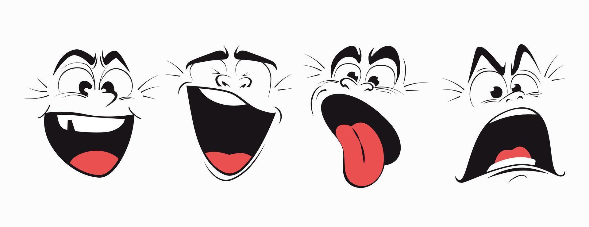 Set of retro faces showing different emotions. Vintage drawings, old style, groovy eyes and mouth, laughing, screaming and raging. illustration. vector
