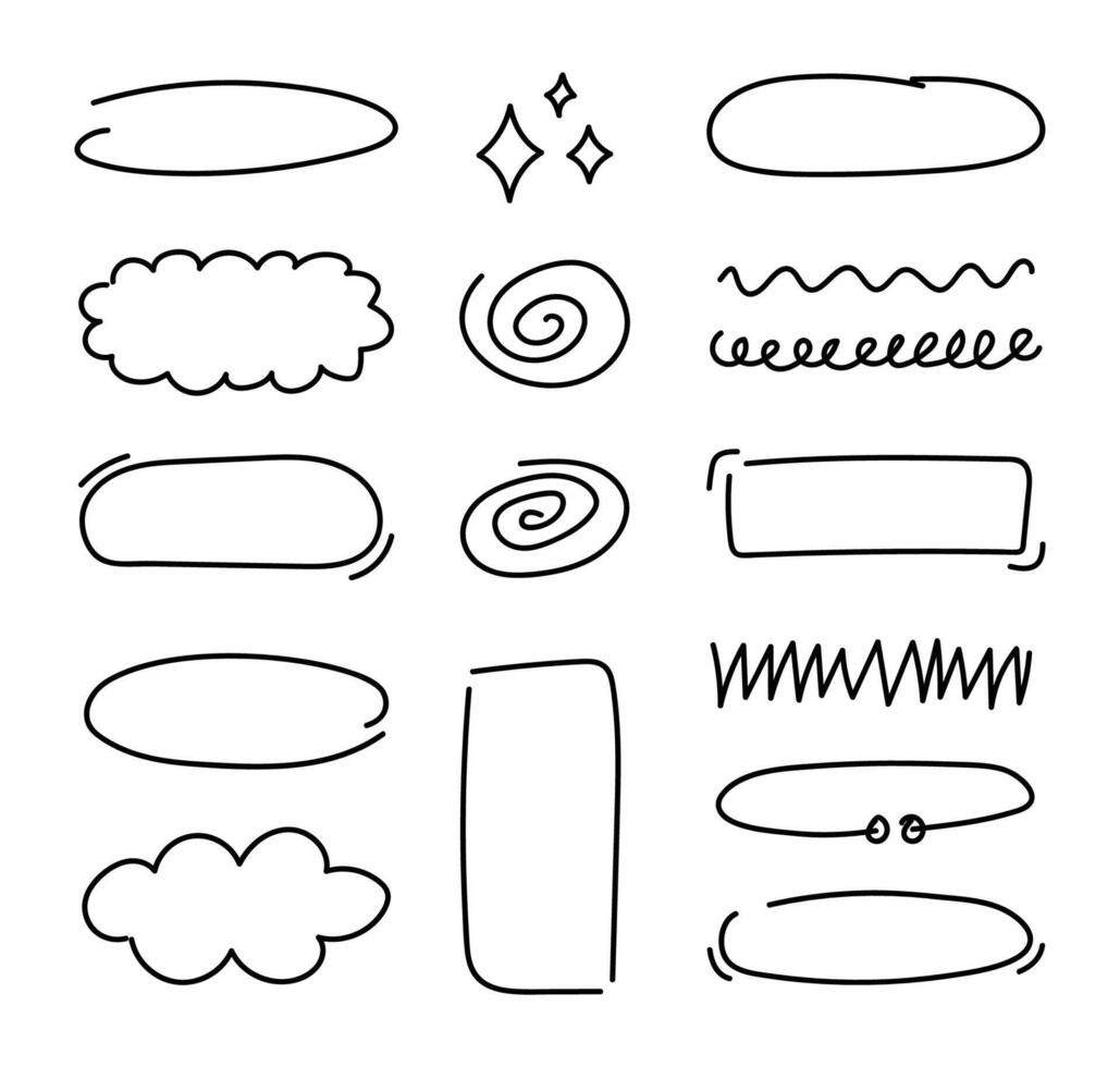 Set of black hand drawn frames and doodles, speech bubbles, spirals and blinks. illustration, design element group. vector