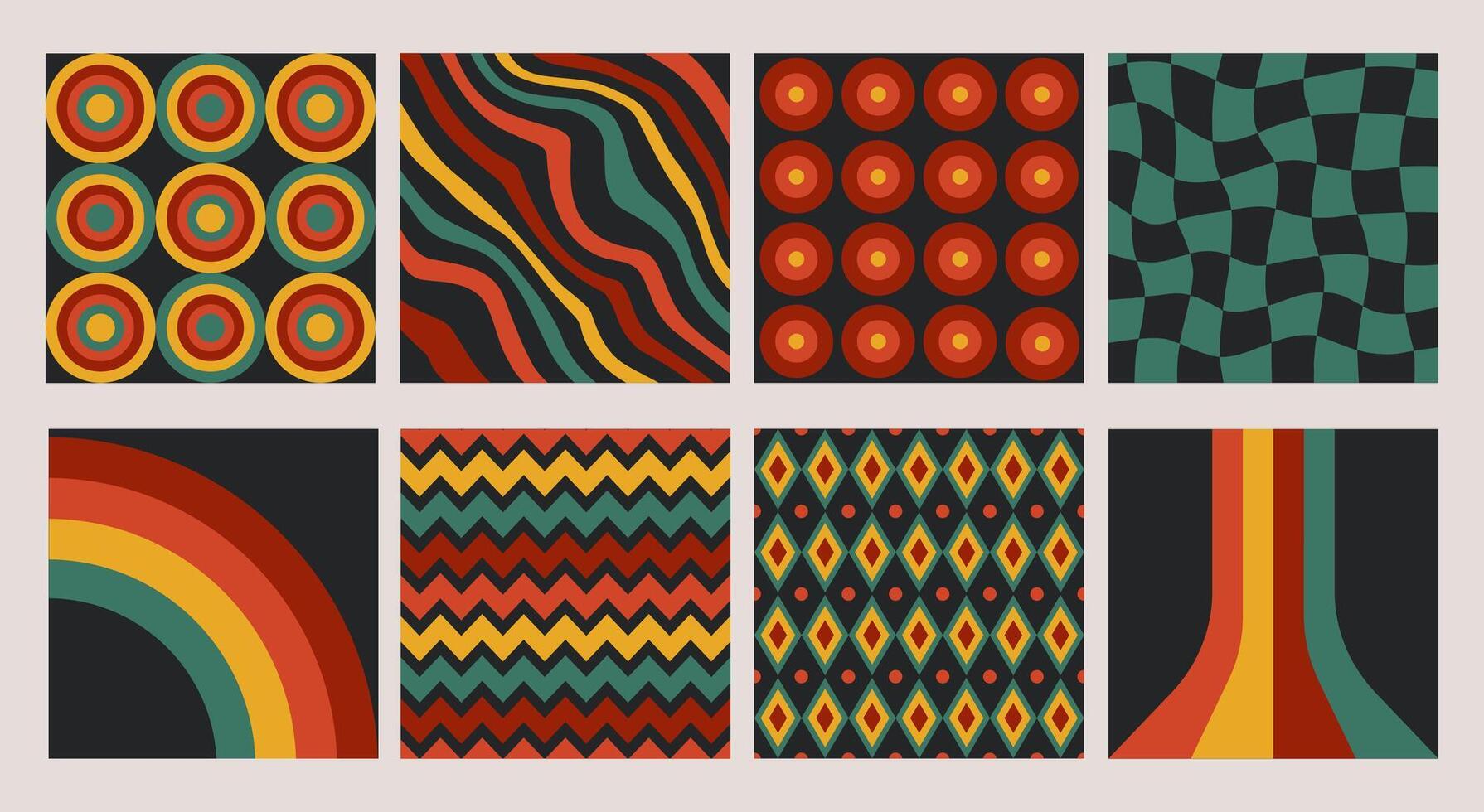 Groovy backgrounds, retro 1970s cards with patterns, meshes, geometric forms and distorted lines. decorative illustrations, abstract art. vector