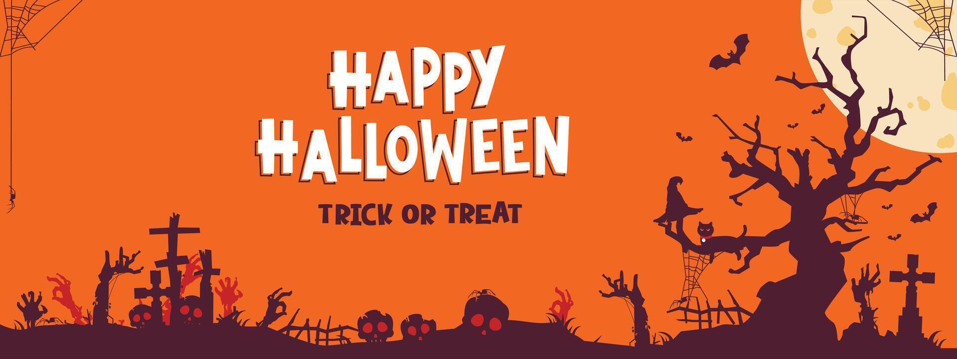 Halloween illustration with spooky sky. There are zombies, trees and undead gravestones that rise because of the full moon. vector