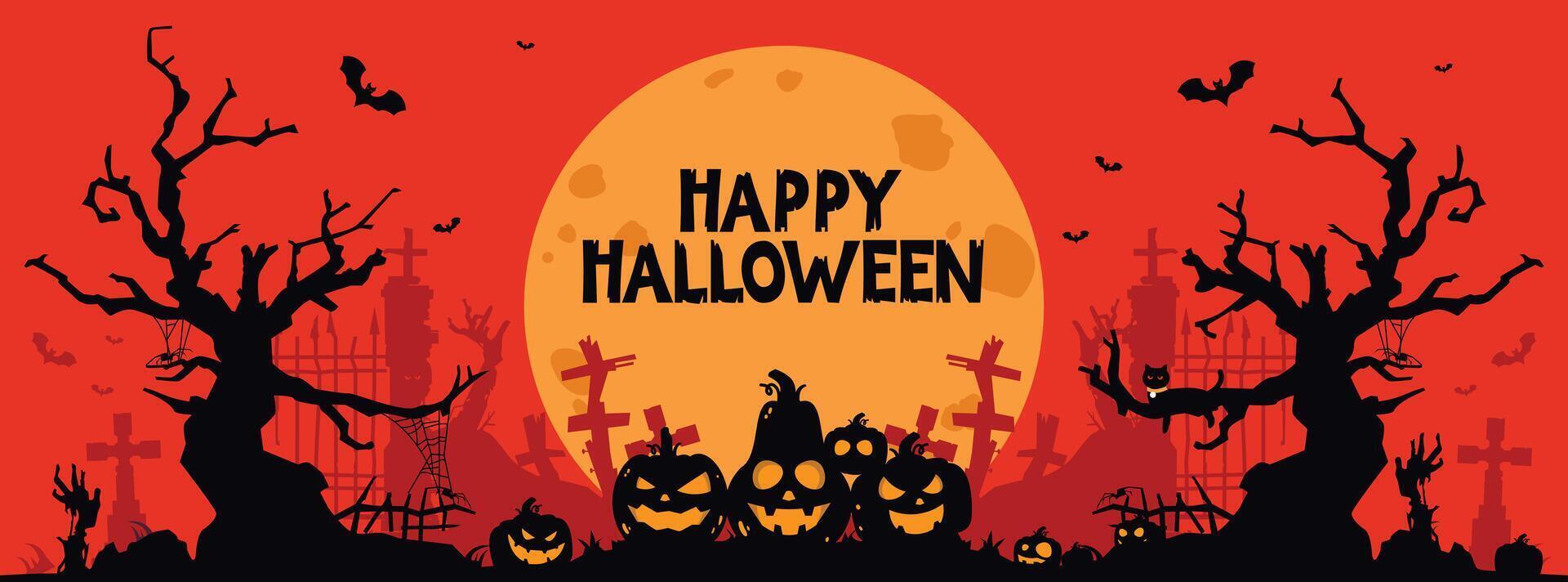Halloween illustration at night in the middle of a cemetery with broken trees and creepy pumpkins. vector