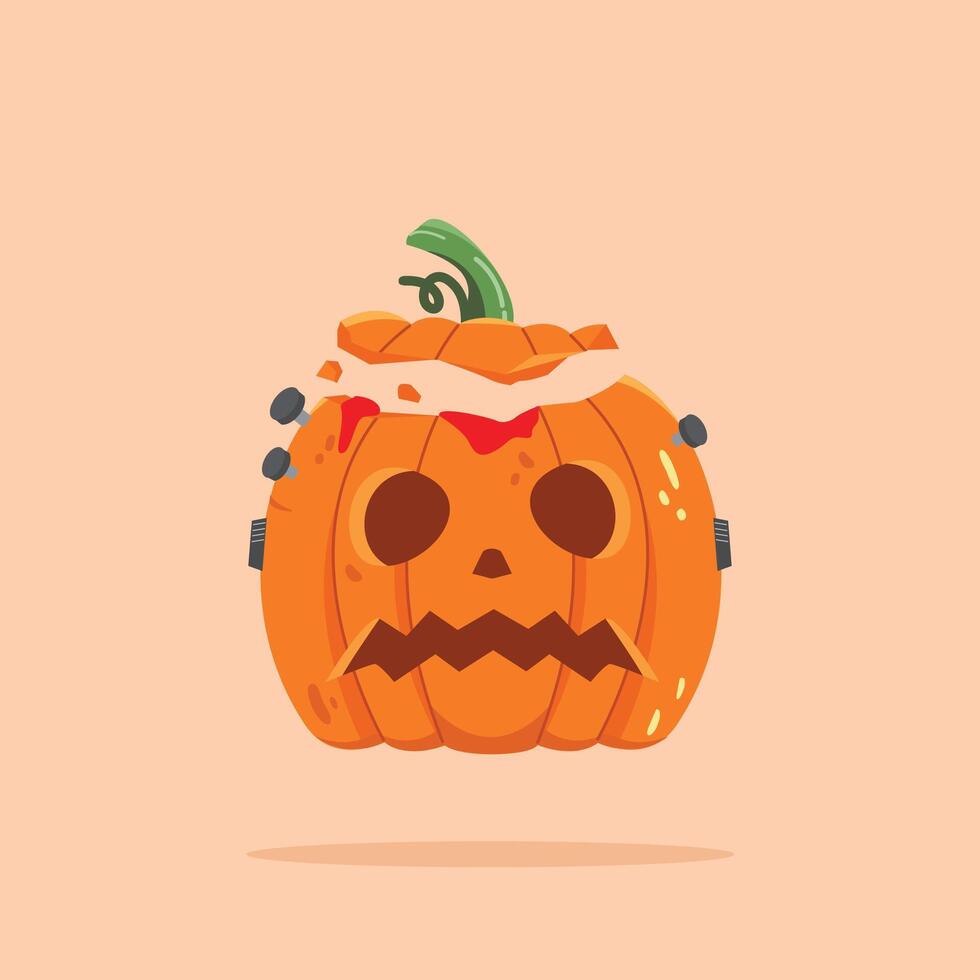 Halloween pumpkin carving split at the top with bolt and blood, scary expression pumpkin vector