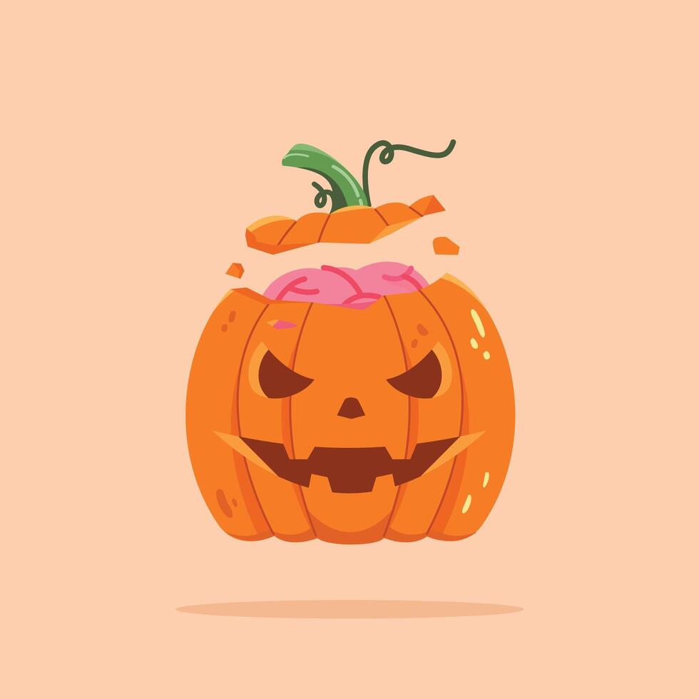 Split Halloween pumpkin carving with brains out and scary expression vector