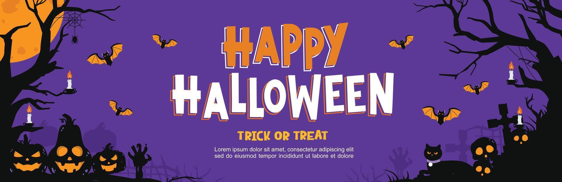 Illustration of Halloween atmosphere at night. Creepy pumpkin with bats and candles on the tree. vector