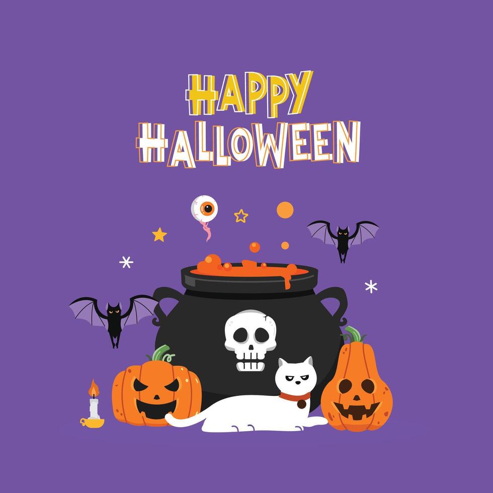 Halloween icon illustration with various scary characters, witch's cauldron, pumpkins and bats vector