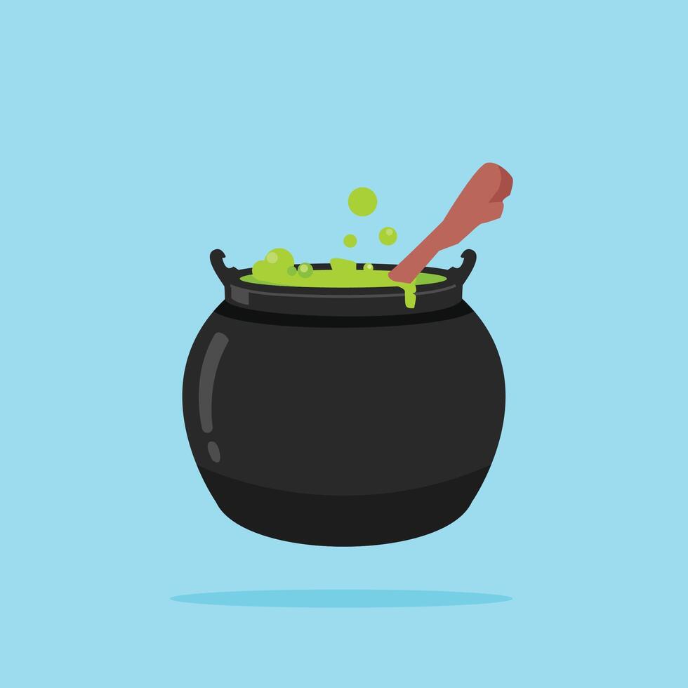 Witch's Poison Cauldron with Stirrer. Halloween Decoration Devil's Cauldron with Scary Green Poison vector