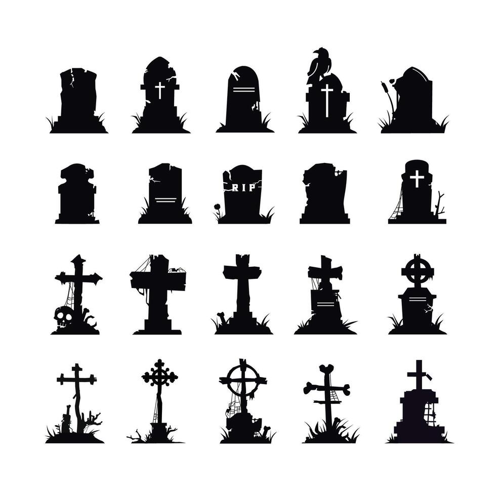Creepy graveyard icon set. Flat illustration of death icon to commemorate someone, perfect for halloween vector