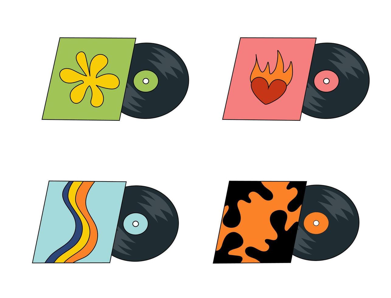 Vinyl records with different design covers. LP or long play music discs. DJ equipment for disco party. 70s 80s 90s discotheque nostalgia concept. flat graphic illustration. vector