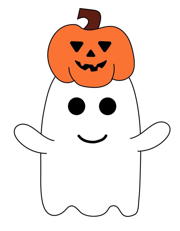 Cute Halloween ghost with pumpkin. Holiday cartoon character on white background. Flat Illustration. vector