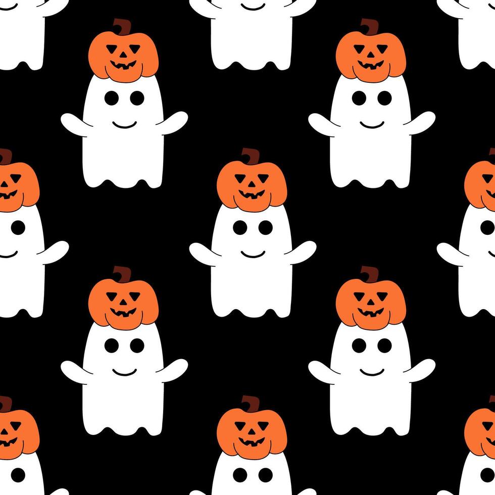 Seamless Pattern with Cute Halloween ghost with pumpkin. Holidays cartoon character on black background. Flat Illustration. vector