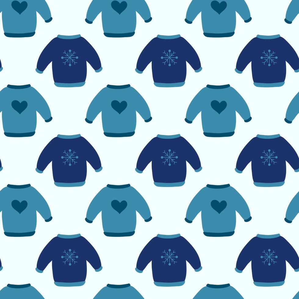 Seamless pattern. Winter sweaters with heart and snowflake design. Cozy fall background. flat illustration. vector