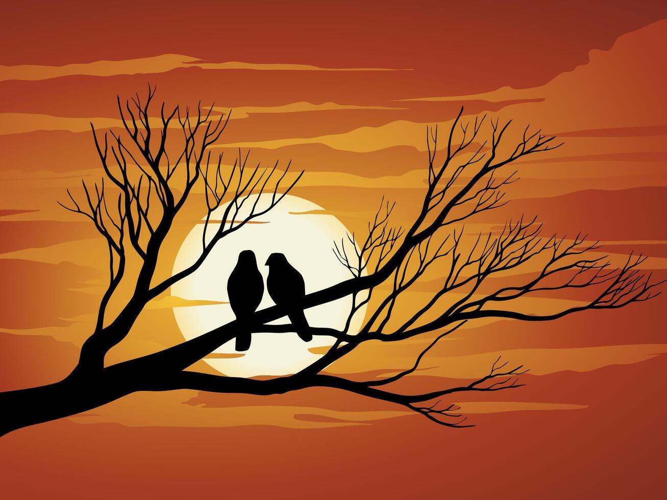 Illustration of beautiful red sunset with a couple of birds on tree branch vector
