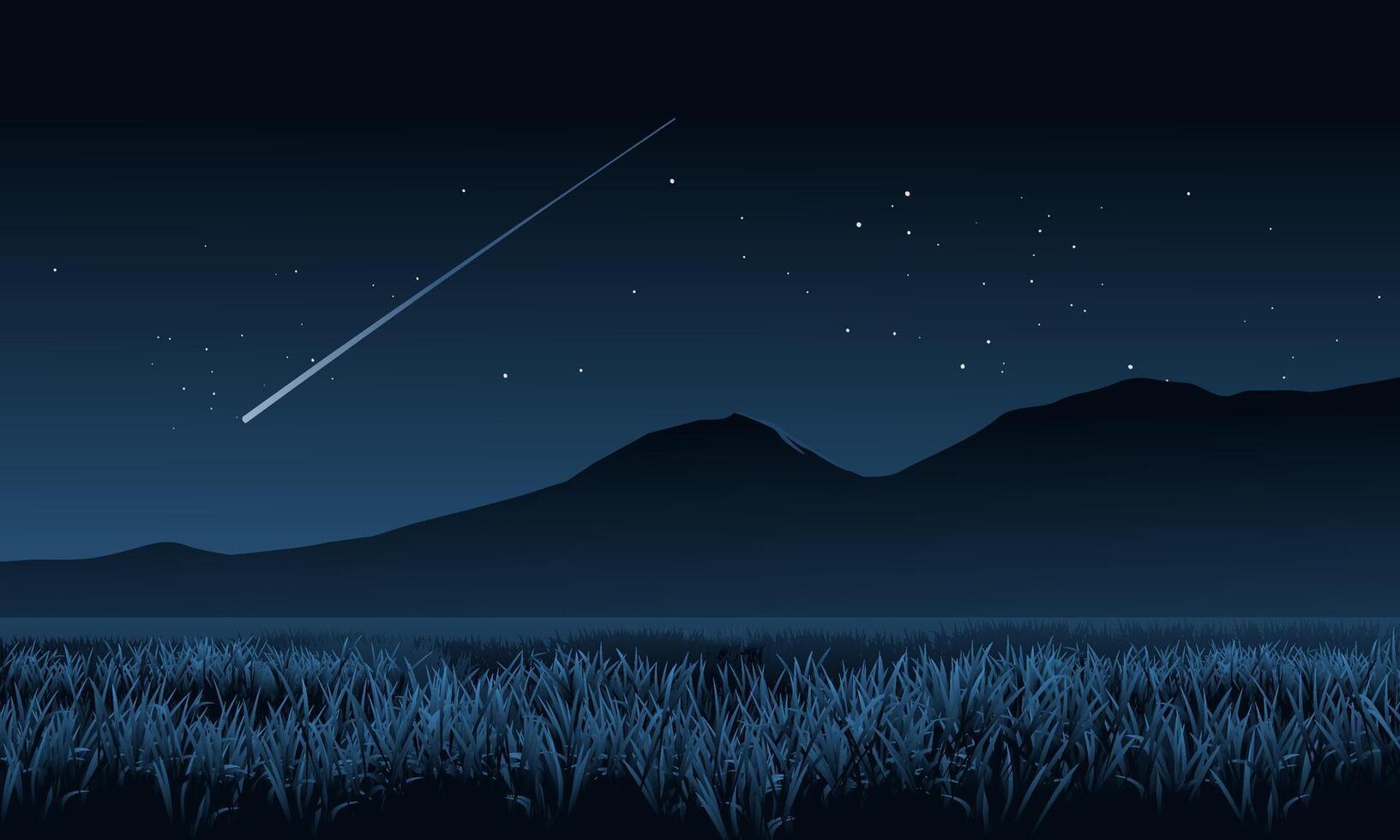 Starry night landscape illustration with mountain, field and shooting star vector