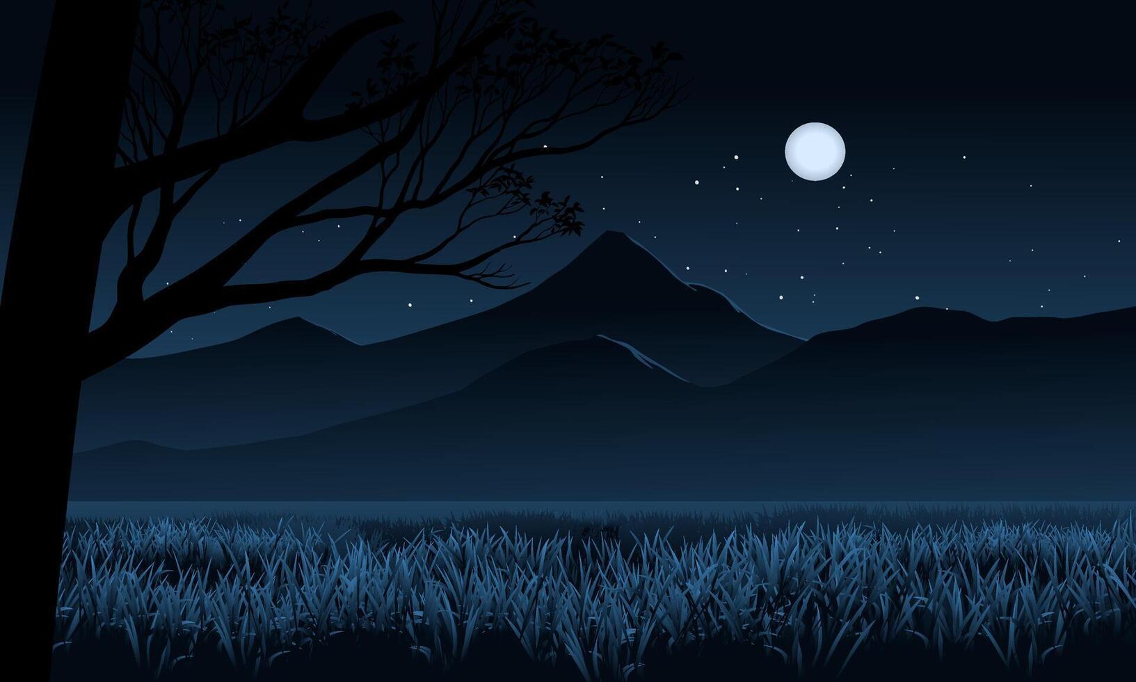 Beautiful tranquil night over meadow with mountain and full moon vector