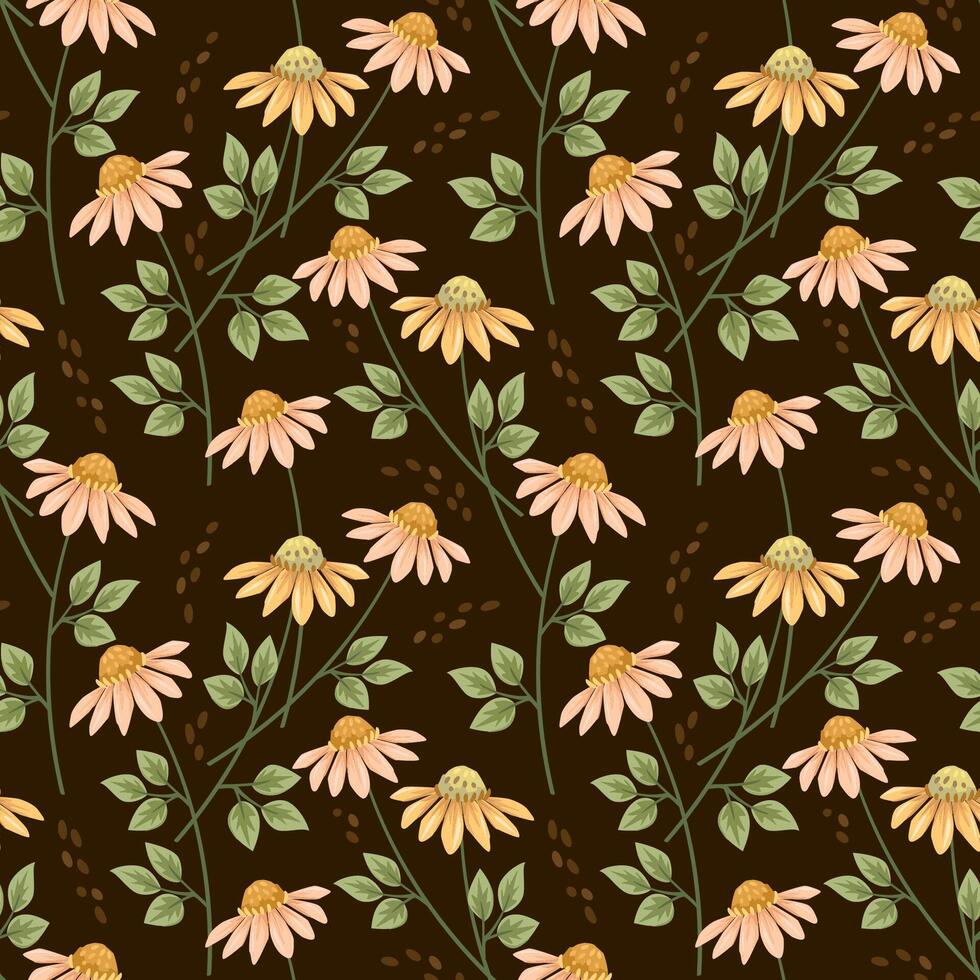 Yellow cone flowers with green leaf seamless pattern. vector