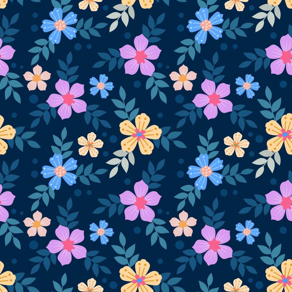 Beautiful blooming flowers on blue color background seamless pattern. vector