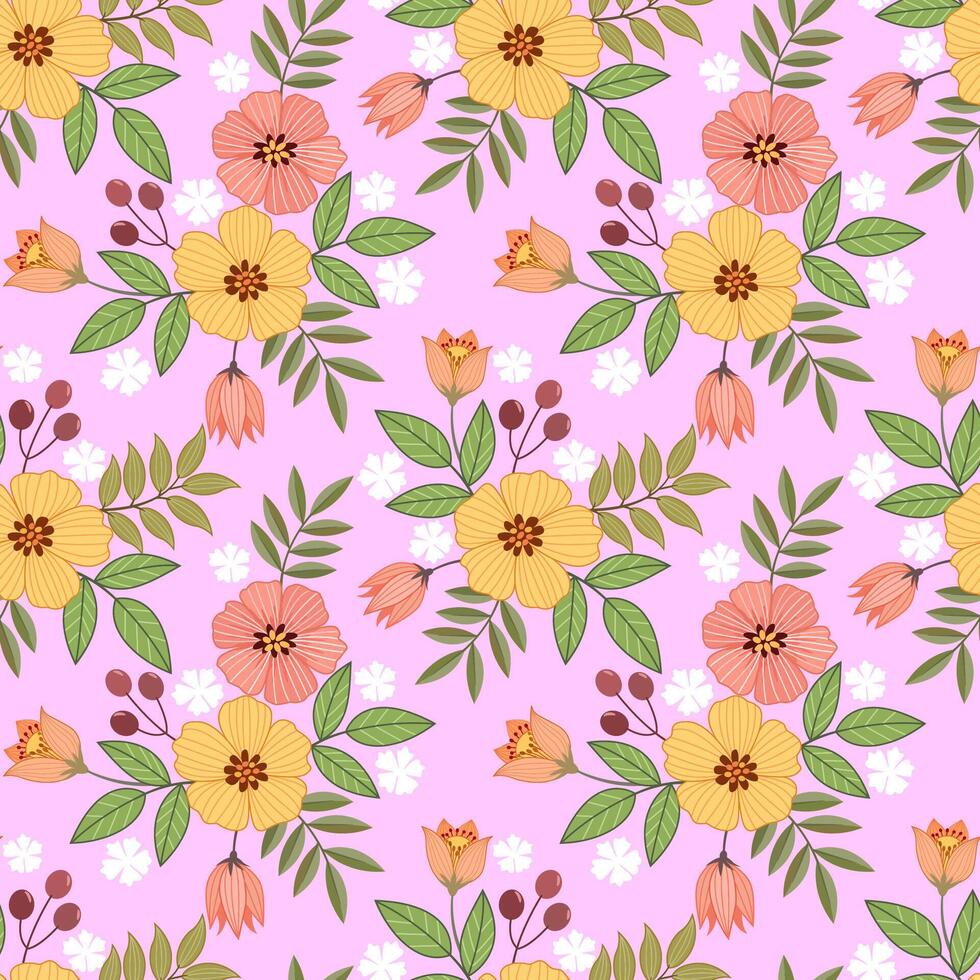 Blooming colorful flowers in seamless pattern. vector