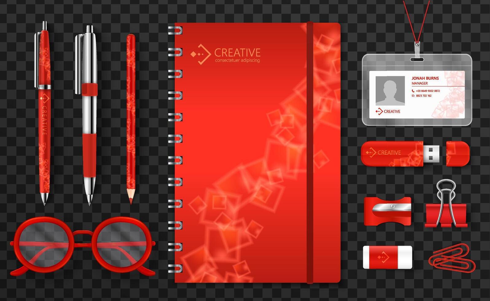 Red Office Stationery Set with Notebook and Accessories vector