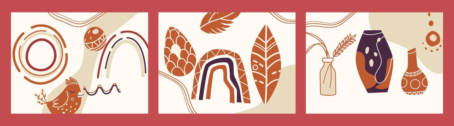 Beige boho card set with plants vector