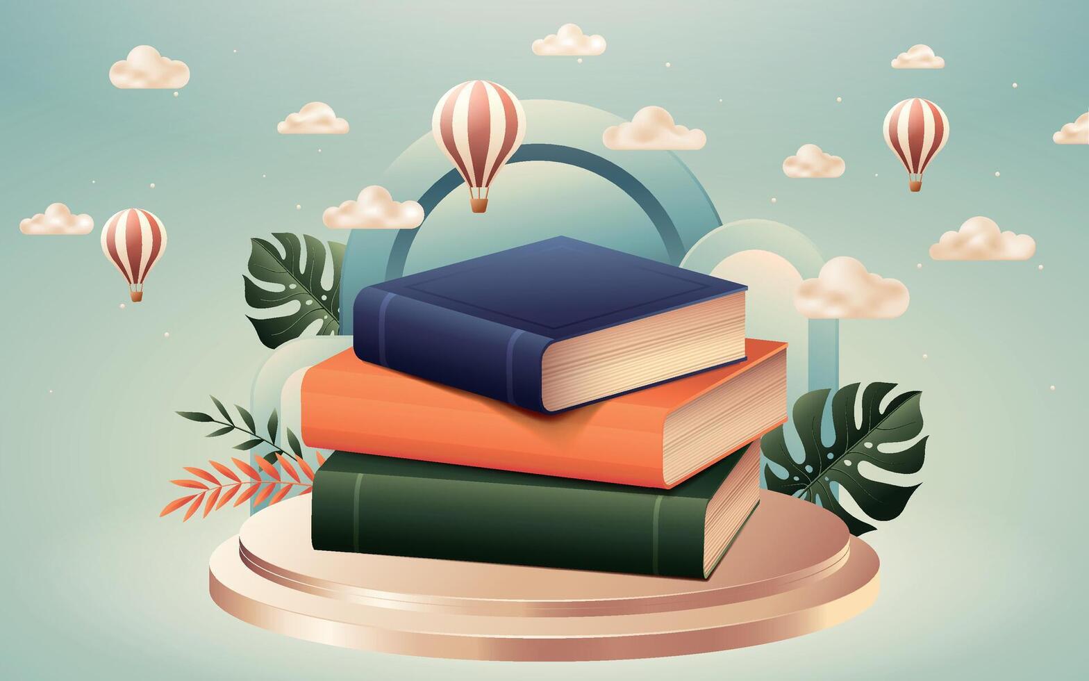 Whimsical Book Stack with Hot Air Balloons vector
