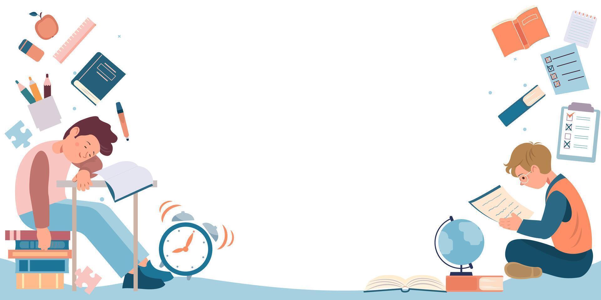 Students Studying with Books and Stationery vector