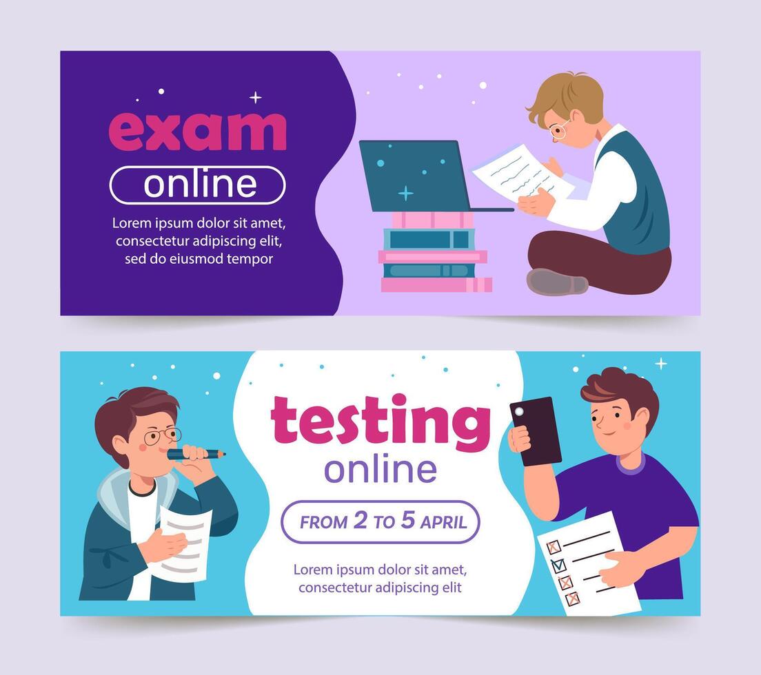 Online Exam and Testing Banners with Student Illustrations vector