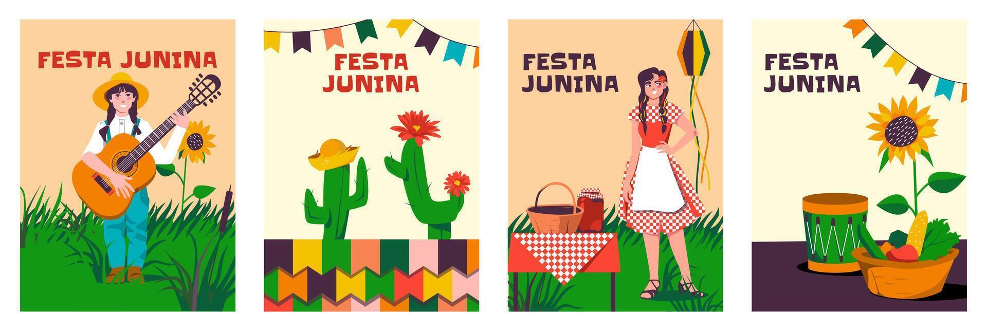 Hand drawn festa junina vertical card set vector
