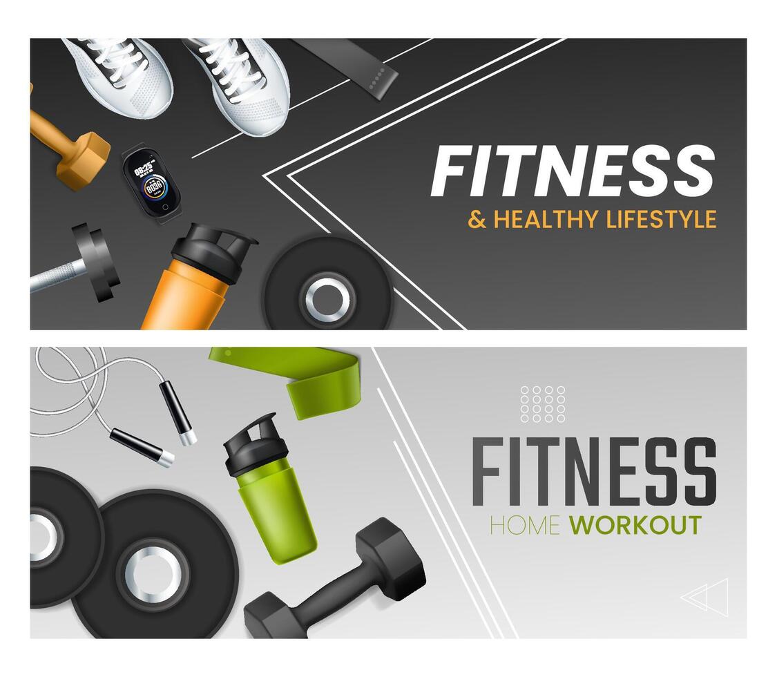 Fitness banner template set in realistic style vector