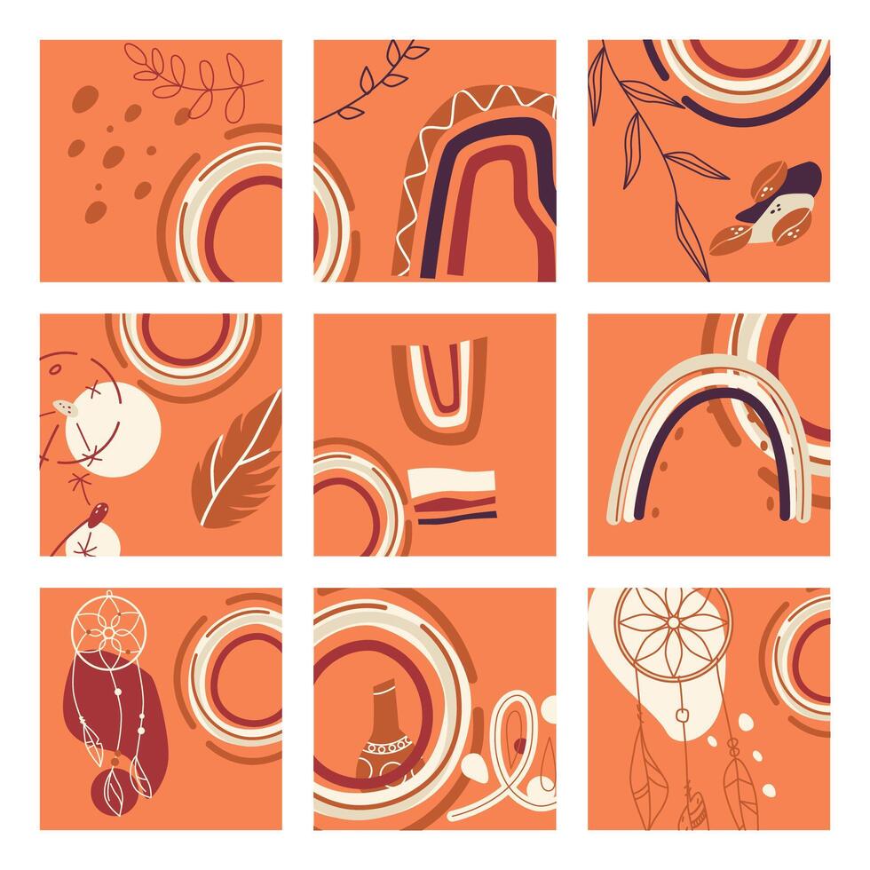 Orange boho card set with plants vector