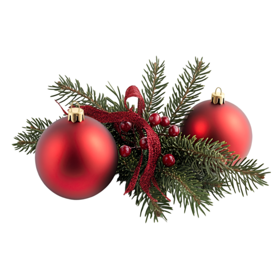 Christmas decorations with red balls and evergreen branches png