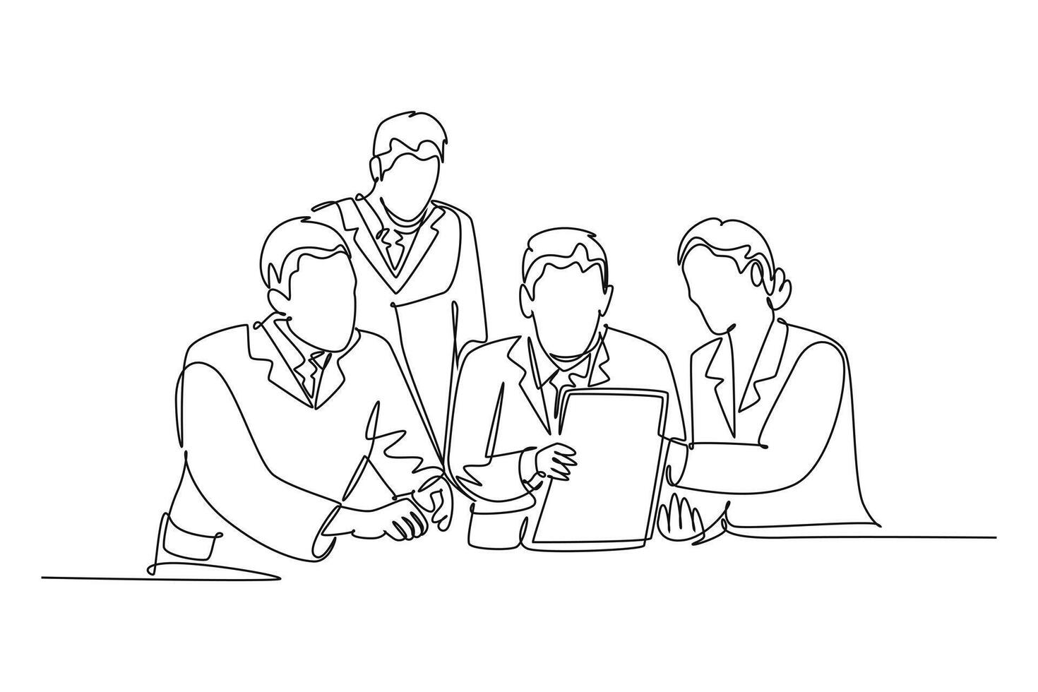 Continuous one line drawing group of male and female doctors discussing and diagnosing patient disease at hospital room. Medical meeting teamwork. Single line draw design graphic illustration vector